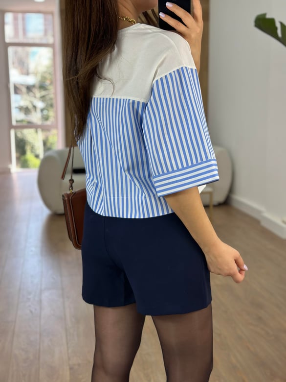 Çizgili Poplin Detaylı Bluz-Beyaz