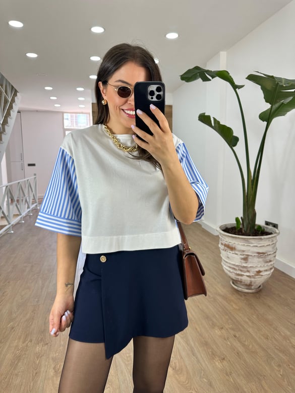 Çizgili Poplin Detaylı Bluz-Beyaz
