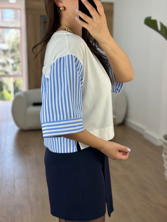 Çizgili Poplin Detaylı Bluz-Beyaz
