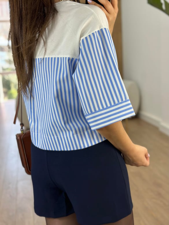 Çizgili Poplin Detaylı Bluz-Beyaz
