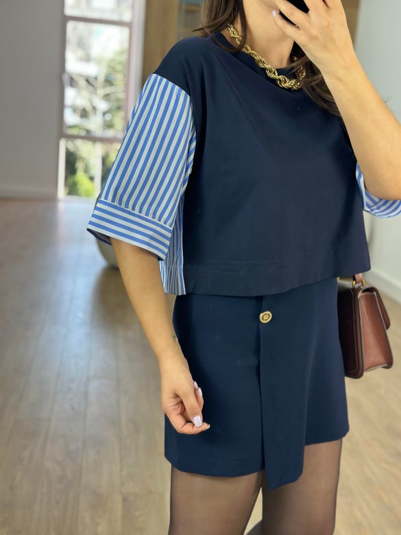 Çizgili Poplin Detaylı Bluz-Lacivert