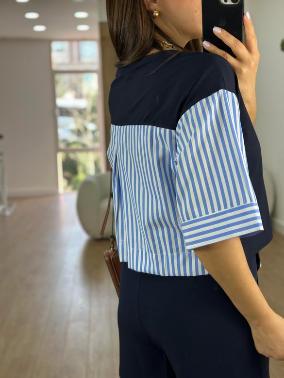 Çizgili Poplin Detaylı Bluz-Lacivert