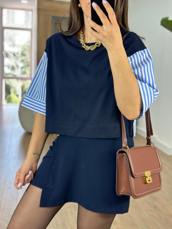 Çizgili Poplin Detaylı Bluz-Lacivert