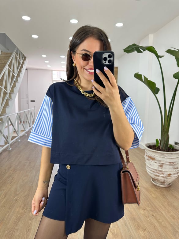 Çizgili Poplin Detaylı Bluz-Lacivert