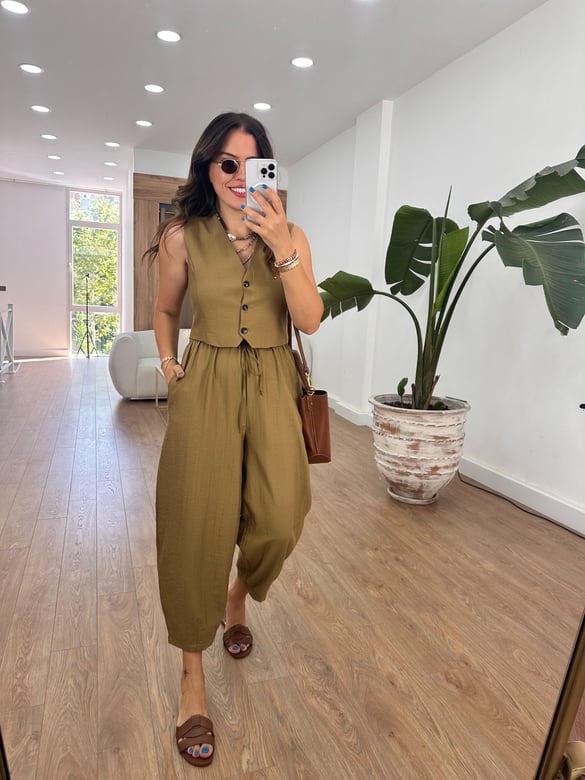 %100 Cotton Yelekli Pantolon Takım - Koyu Haki