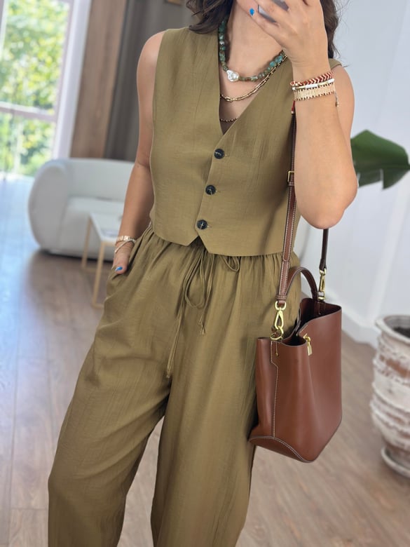 %100 Cotton Yelekli Pantolon Takım - Koyu Haki