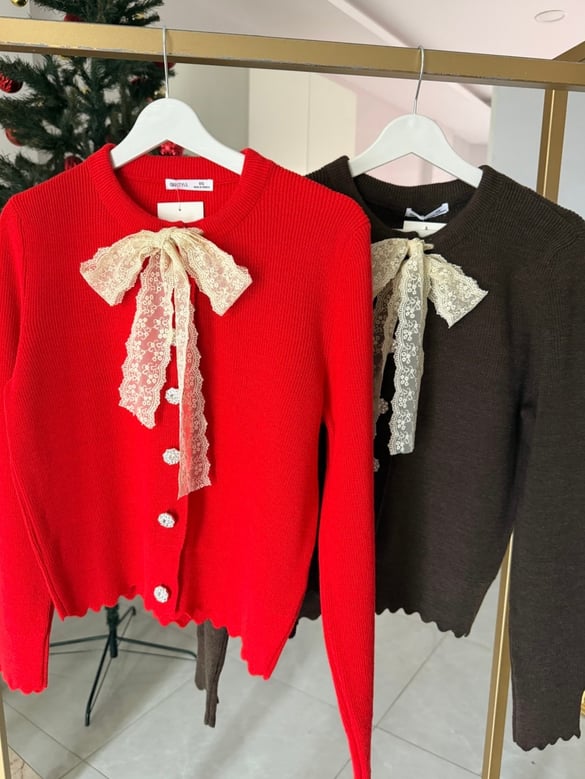 Dantel Fularlı Triko Hırka - Kırmızı