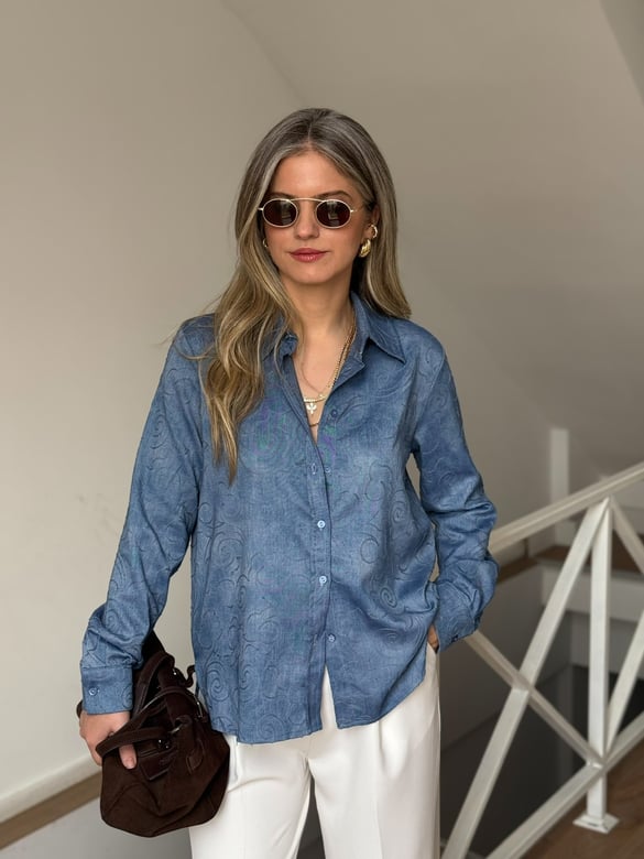 Nakış Detaylı Tensel Denim Gömlek - Mavi