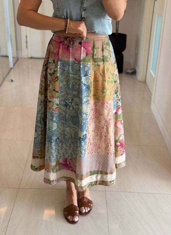 Patchwork Desen Dantel Detaylı Etek