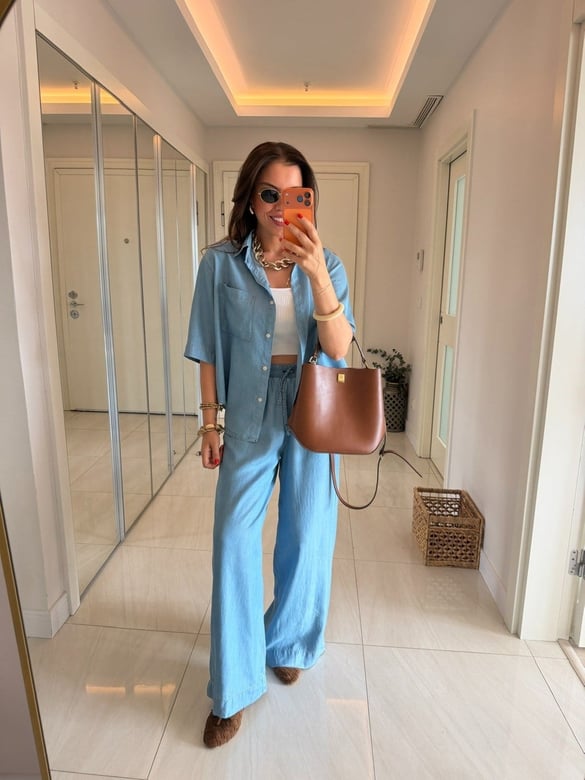 Yarım Kol Premium Tensel Denim Takım - Buz Mavisi