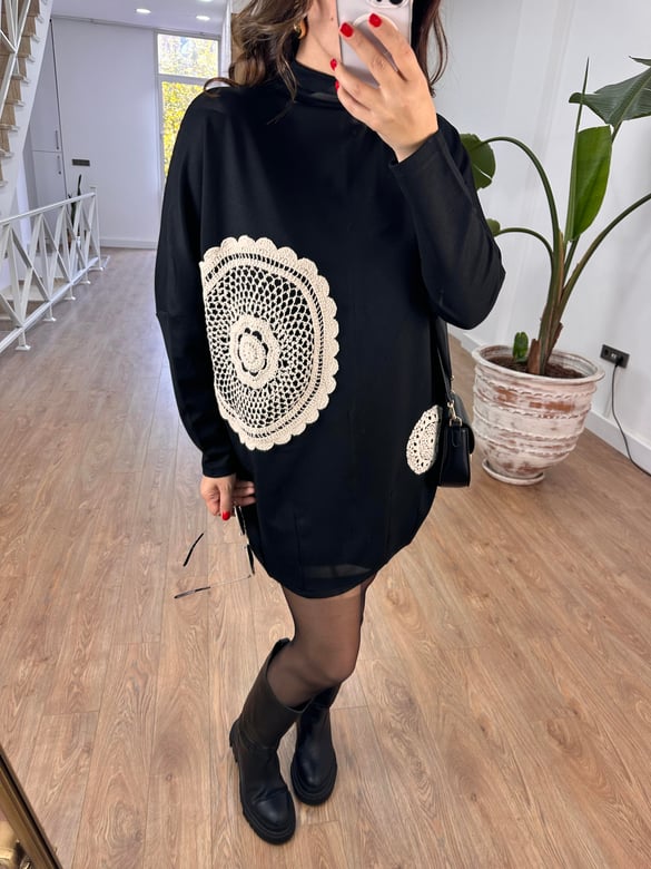 Dantel Detaylı Tunik Elbise-Siyah