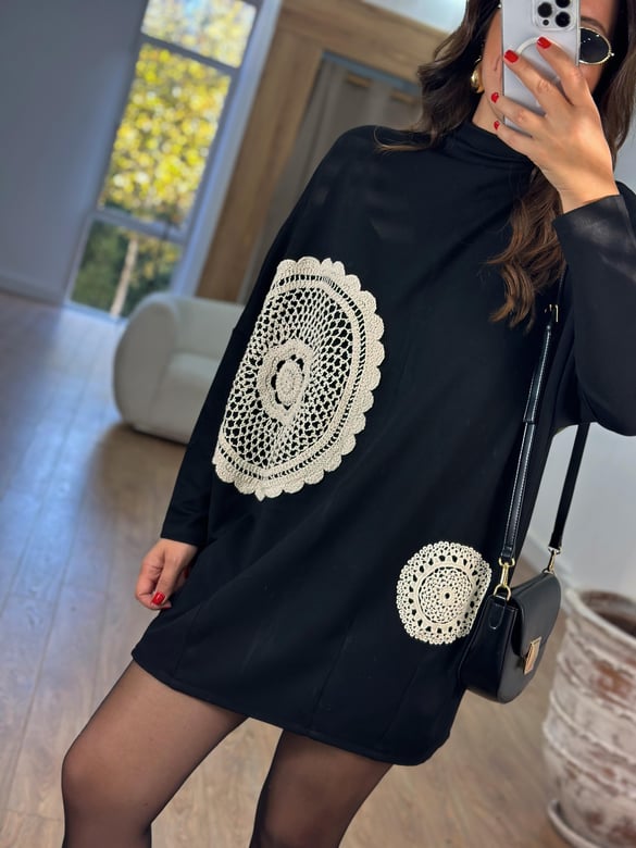 Dantel Detaylı Tunik Elbise-Siyah