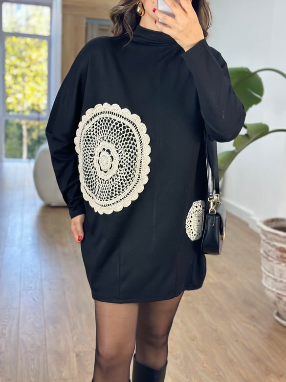 Dantel Detaylı Tunik Elbise-Siyah