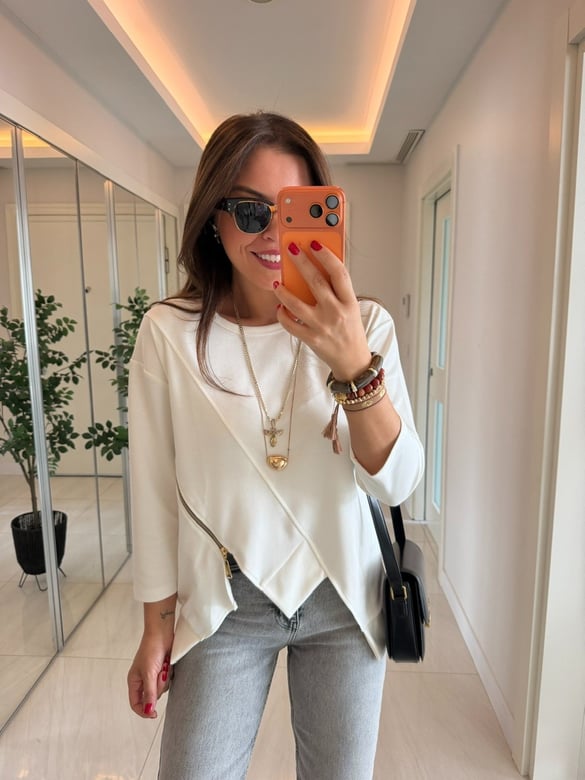 Fermuar Detaylı Modal Sweatshirt-Beyaz