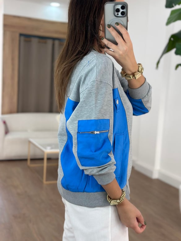 Dekoratif Yaka Garnili Sweatshirt - Mavi