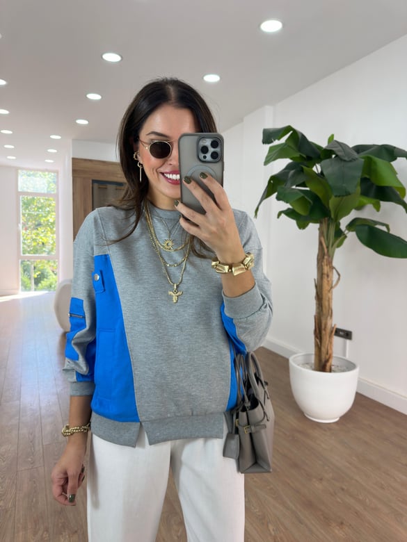 Dekoratif Yaka Garnili Sweatshirt - Mavi
