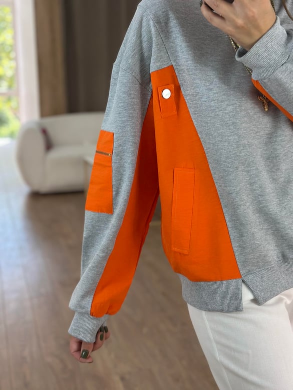 Dekoratif Yaka Garnili Sweatshirt - Turuncu