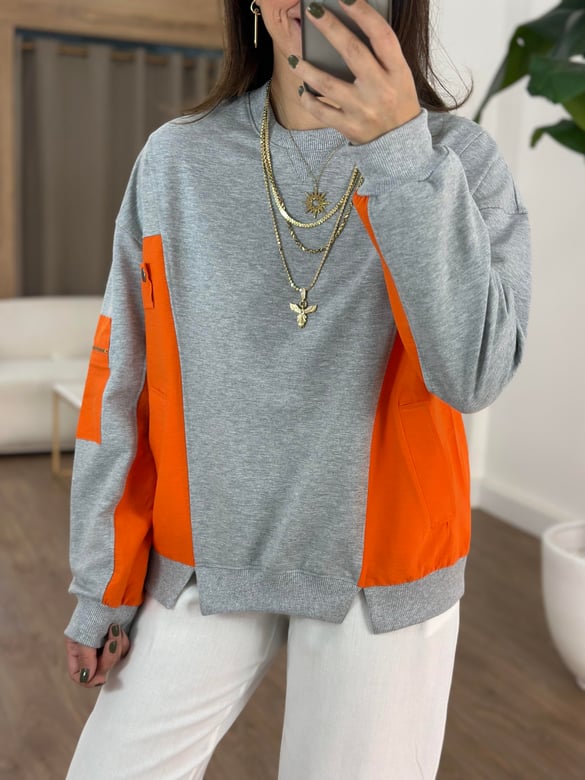 Dekoratif Yaka Garnili Sweatshirt - Turuncu