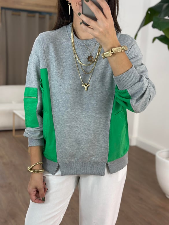Dekoratif Yaka Garnili Sweatshirt - Yeşil