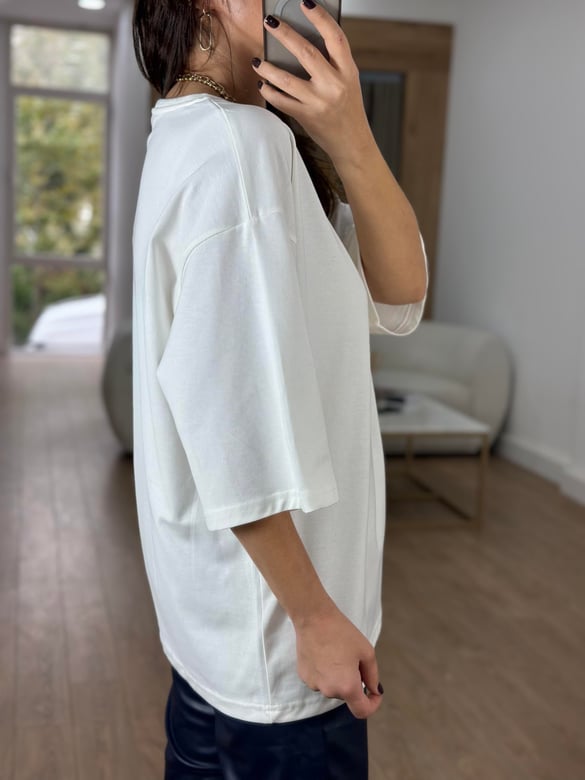 Dekoratif Yaka Oversize Basic Tshirt - Ekru