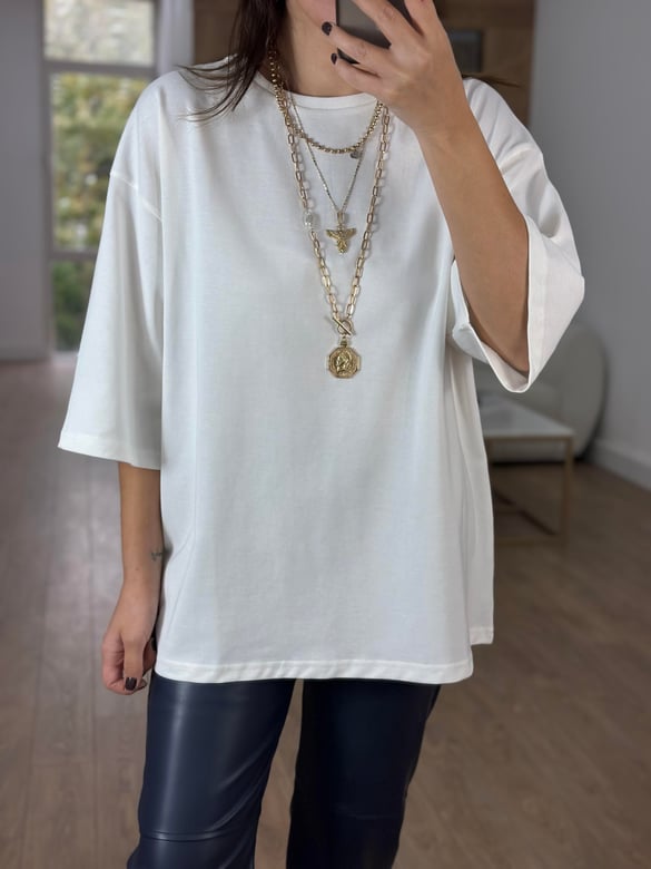 Dekoratif Yaka Oversize Basic Tshirt - Ekru