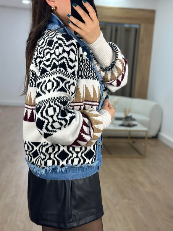Denim Detay Etnik Desen Triko Ceket