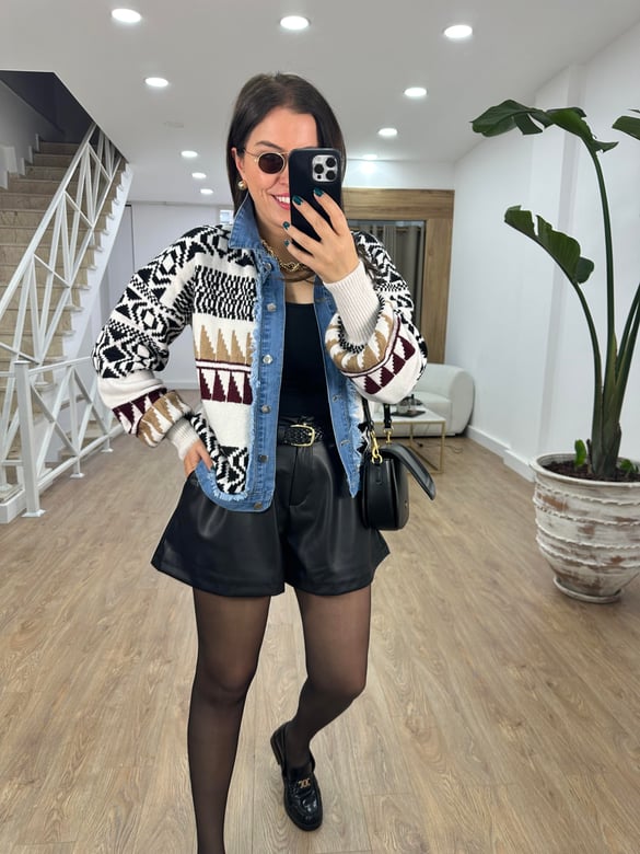 Denim Detay Etnik Desen Triko Ceket