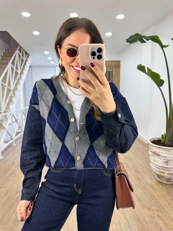 Denim Kol Detaylı Baklava Desen Hırka