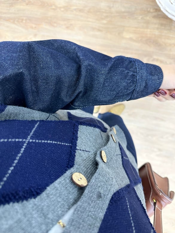 Denim Kol Detaylı Baklava Desen Hırka