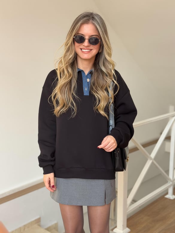Denim Yaka Sweatshirt - Siyah