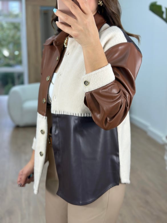 Deri Garnili Kaşe Patchwork Ceket