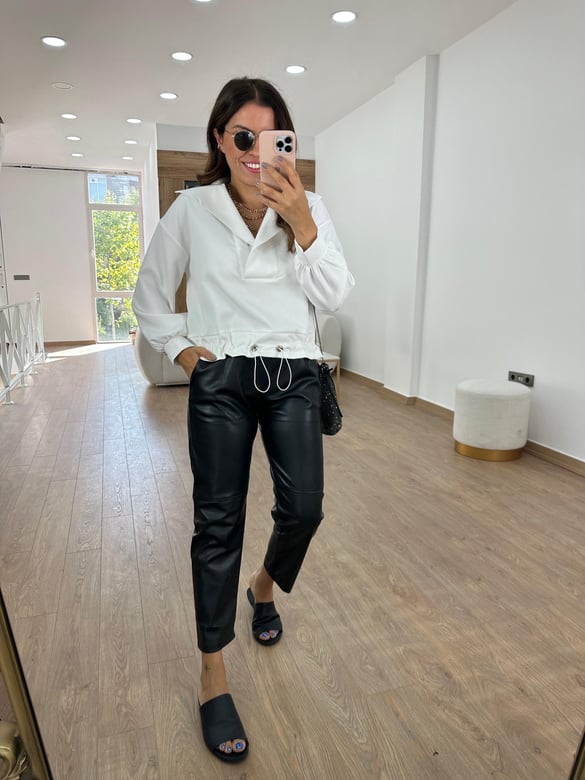 Dik Yaka Beli Lastikli Sweat - Beyaz