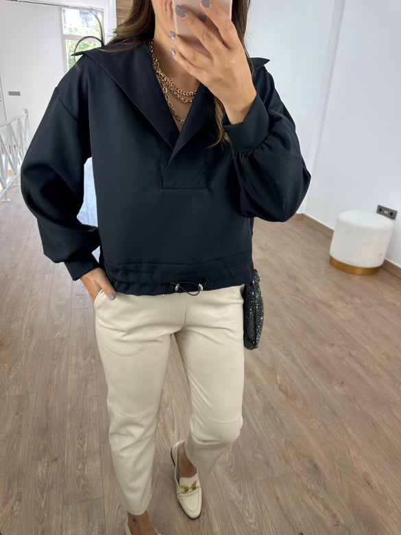 Dik Yaka Beli Lastikli Sweat - Siyah