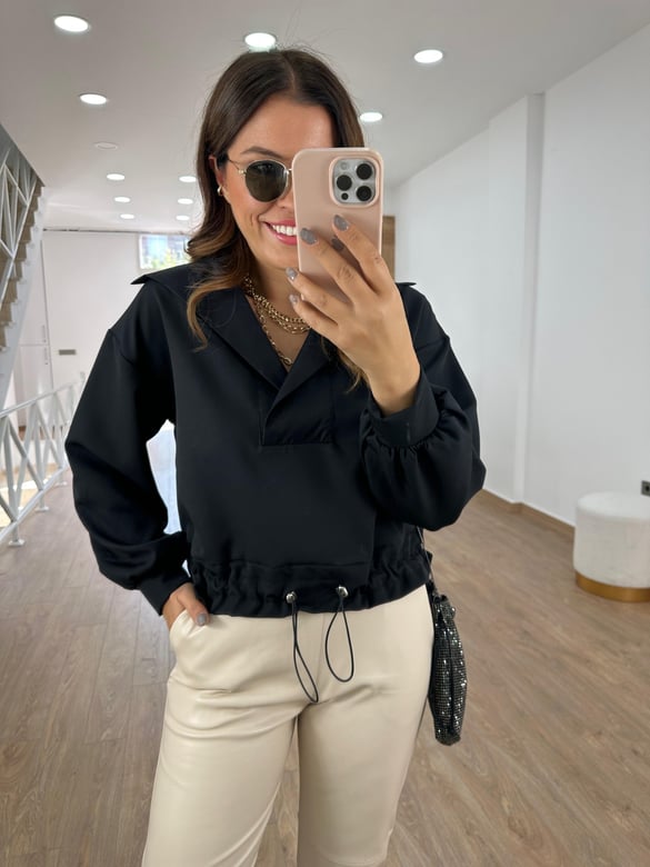 Dik Yaka Beli Lastikli Sweat - Siyah