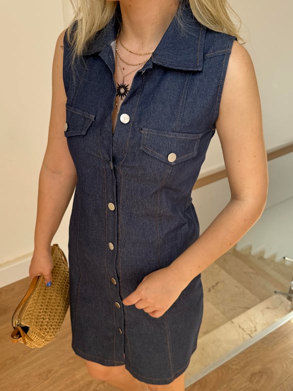 Dikiş Detay Denim Elbise - Lacivert