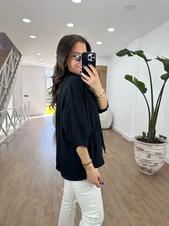 Dikiş Detaylı Oversize Gömlek-Siyah