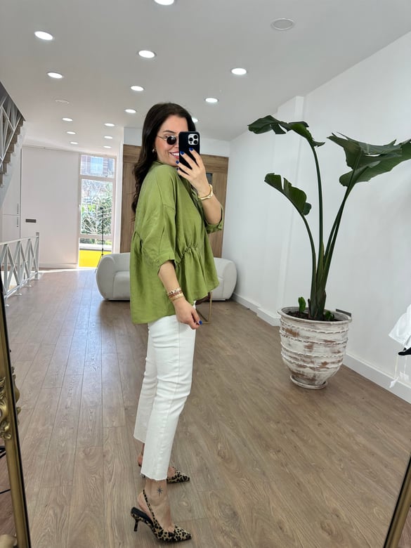 Dikiş Detaylı Oversize Gömlek-Yeşil