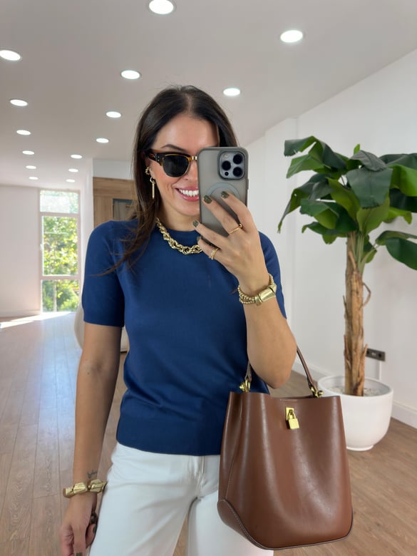 Dilvin Bisiklet Yaka Kısa Kol Basic Triko Bluz - İndigo