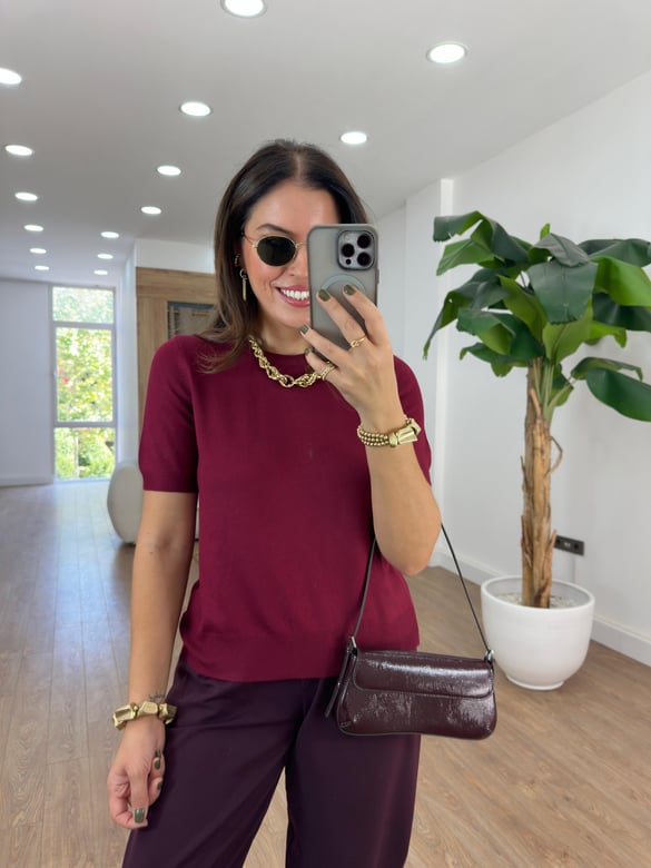 Dilvin Bisiklet Yaka Kısa Kol Basic Triko Bluz - Bordo