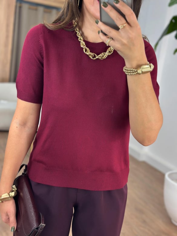 Dilvin Bisiklet Yaka Kısa Kol Basic Triko Bluz - Bordo