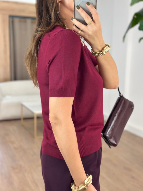 Dilvin Bisiklet Yaka Kısa Kol Basic Triko Bluz - Bordo