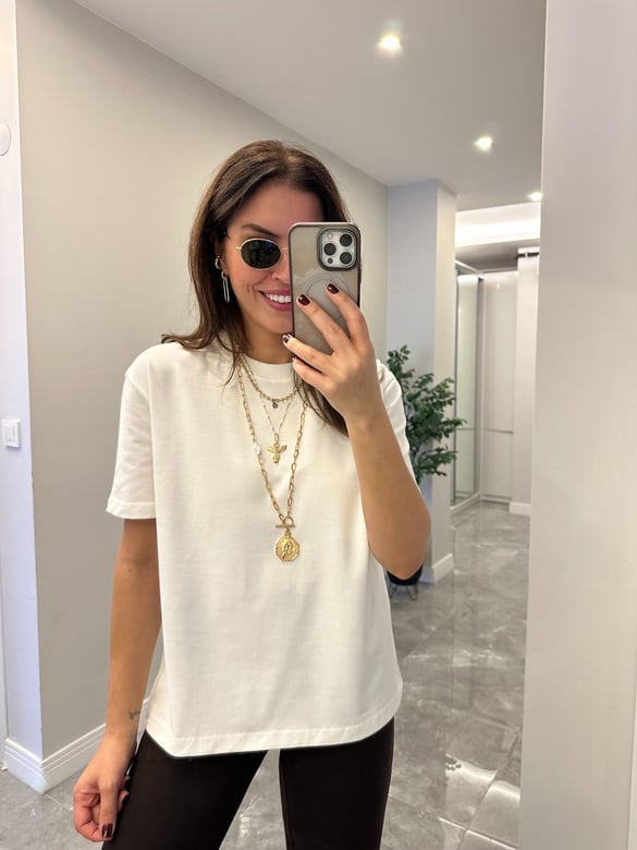 Dilvin Dekoratif Yaka Basic Tshirt - Ekru