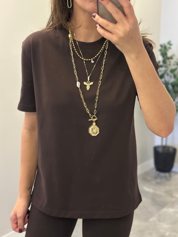 Dilvin Dekoratif Yaka Basic Tshirt - Kahverengi