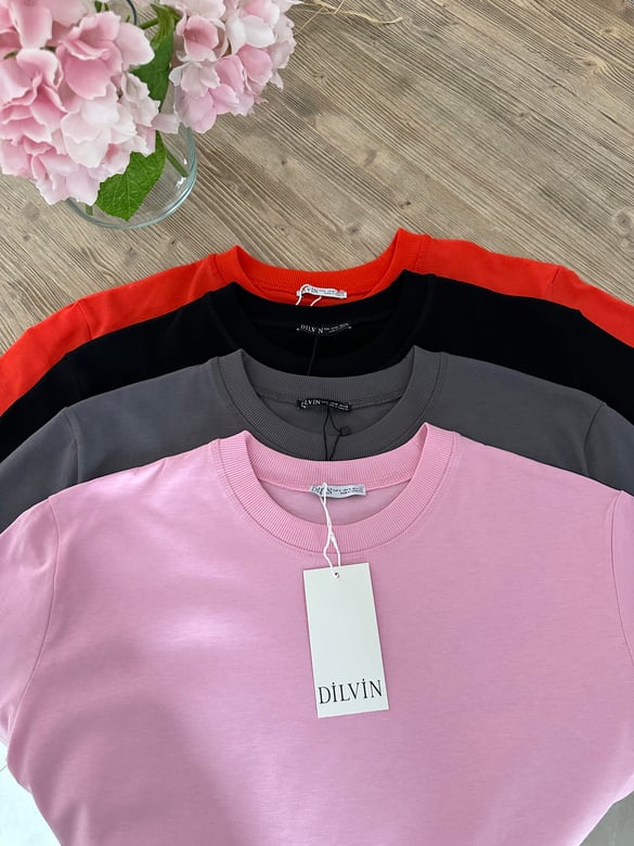 Dilvin Dekoratif Yaka Premium Basic Tişört-Pembe