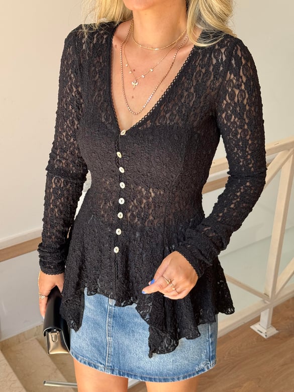 Dilvin Düğmeli Peplum Dantel Hırka - Siyah