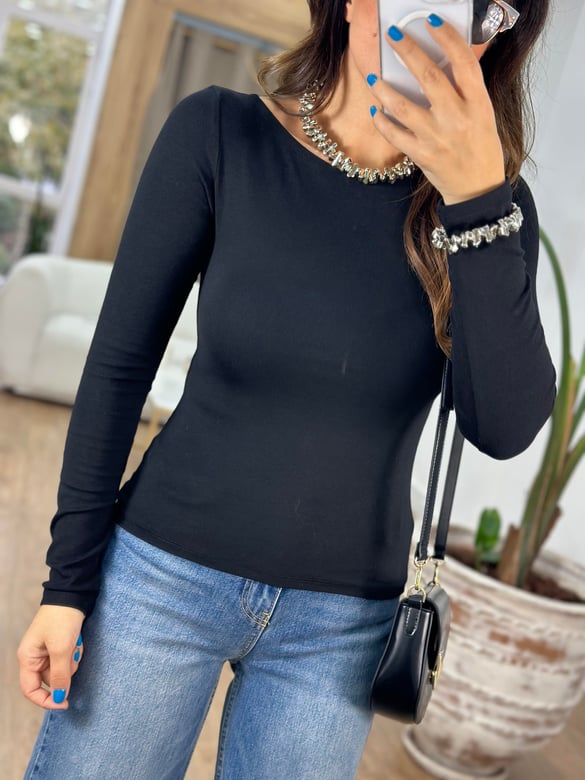 Dilvin Kayık Yaka Uzun Kol Basic - Siyah