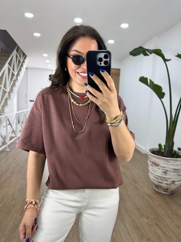 Dilvin Pamuklu Oversize Tişört-Kahverengi