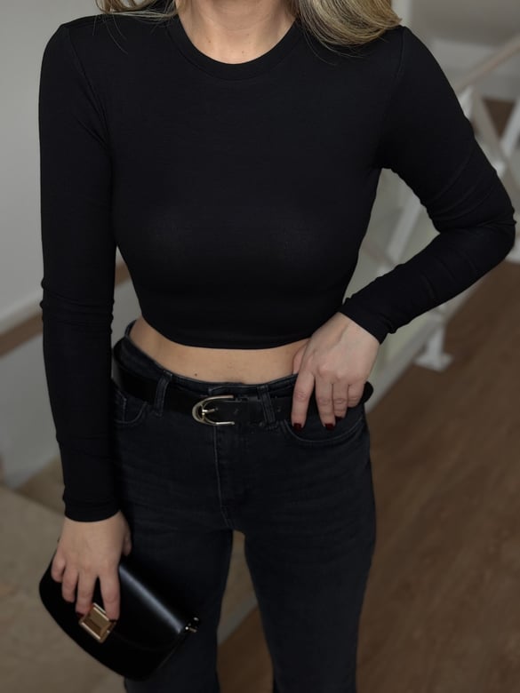 Dilvin Uzun Kollu Crop Top - Siyah