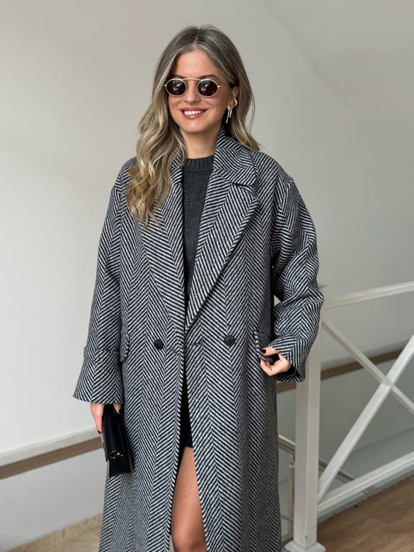 Dinant Kırçıllı Oversize Kaşe Kaban - Beyaz/Siyah