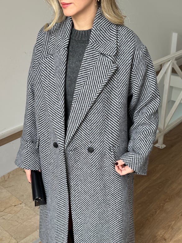 Dinant Kırçıllı Oversize Kaşe Kaban - Beyaz/Siyah
